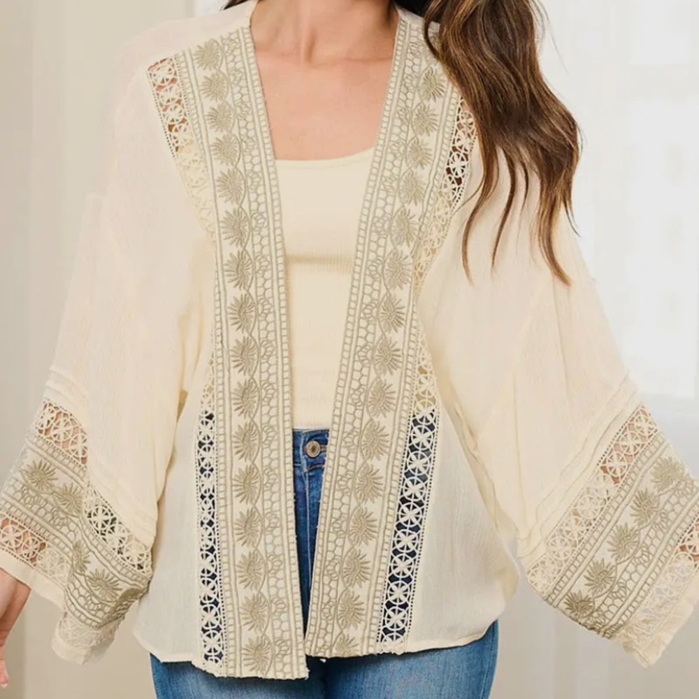 25. Open Front Embroidery Detailed Cardigan